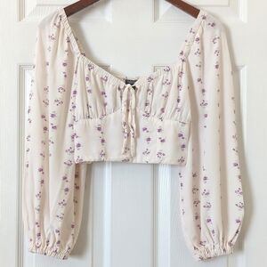 Wild Fable Boho Floral Quarter Balloon Sleeve Bustier Crop Top Cream Purple XS